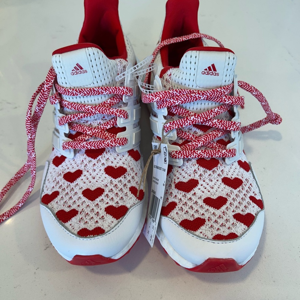 Adidas White and Red Heart Sneakers